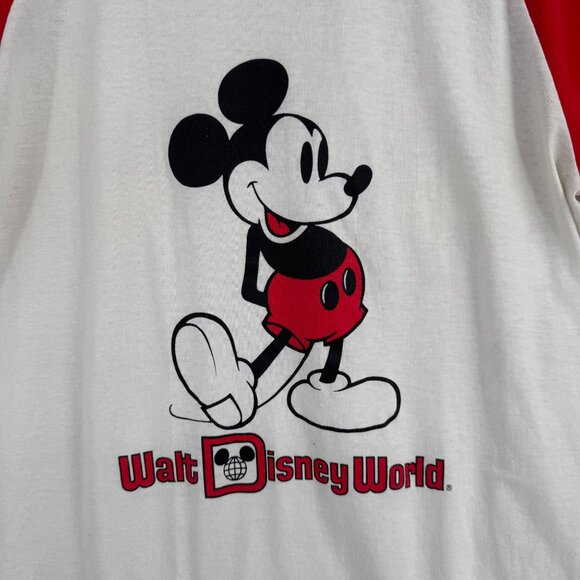 Vintage 80's Walt Disney World Mickey Mouse Raglan T-Shirt Adult Large White/Red - Picture 3 of 7
